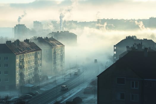 Dense fog blankets urban buildings and streets, creating an atmospheric scene of tranquility and mystery during the early morning hours.