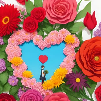 valentine's day love holiday flat lay poster red green yellow pink heart pattern postcard beautiful flowers art design decor. High quality illustration