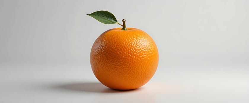 A solitary orange stands boldly against a stark expanse. Its vibrant hue and delicate leaf whisper of life's simple joys, evoking a sense of calm and freshness amidst isolation.