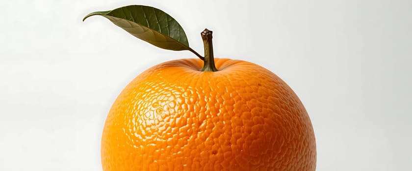 A solitary orange basks in a serene glow against pristine white, its vibrant skin whispering tales of sun-drenched groves. A lone leaf clings tenderly, as if sharing a secret with the silent vastness. The stark simplicity stirs a quiet longing for nature's untouched beauty and the sweet, tangy bite of summer's end.