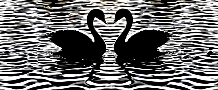 Silhouetted swans gracefully entwine necks, forming a heart on rippled water, whispering eternal love amidst tranquil waves.