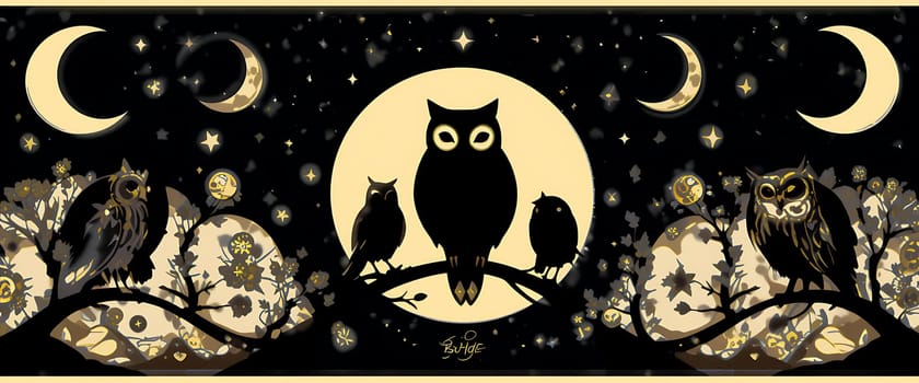 Beneath a golden moonlit sky, wise owls gather, their silhouettes whispering ancient secrets. Stars twinkle like distant dreams, as mystical flora blooms, casting a spell of tranquil enchantment.