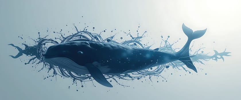 A majestic whale dances amidst splashing waves, its graceful form merging with the water's embrace. Serene yet powerful, it evokes a sense of awe and freedom in the endless blue expanse.