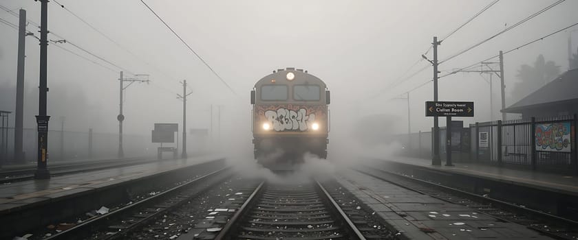 A spectral train emerges from the mist, its graffitied face a ghostly apparition. Fog clings like a shroud, muffling the distant hum. Loneliness echoes through the empty tracks, a haunting symphony of solitude.