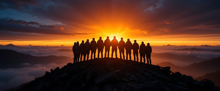 At dawn's fiery birth, silhouettes stand atop a craggy peak, bathed in golden light. The world beneath is a sea of clouds, echoing their stillness. Awe and unity intertwine, as they witness nature's grand canvas unfurl.