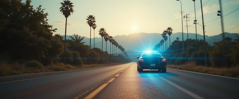 Blue lights slice through the dusky calm, a lonely cruiser prowls the palm-lined highway. The sun dips, casting eerie shadows, as tension prickles the twilight air.