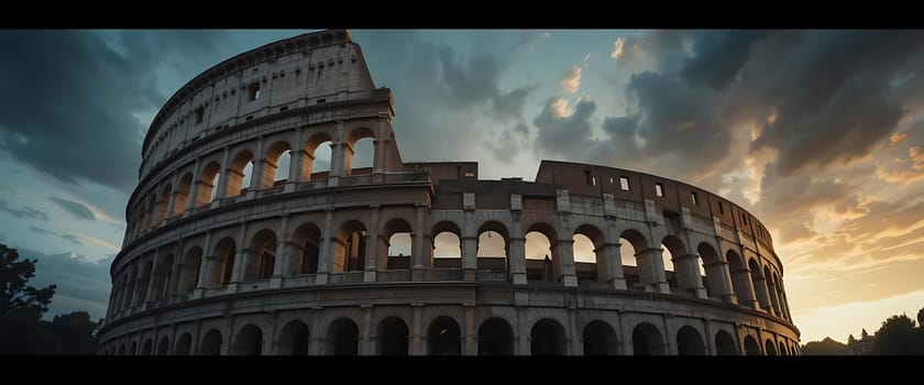 Majestic ruins bathe in twilight's golden embrace. Echoes of ancient cries resonate through hallowed arches, as stormy skies whisper tales of bygone glories. Awe and nostalgia entwine beneath the grandeur.