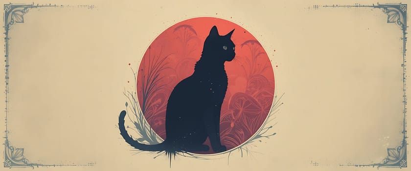 A solitary black cat, silhouetted against a crimson moon, gazes into a twilit garden. The air is thick with mystery, whispers of enchantment stirring the leaves. Melancholy hangs heavy, a silent longing echoing through the night.
