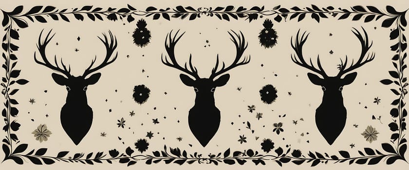 Majestic stags stand proud, silhouetted against a muted canvas. Delicate florals dance around them, whispering tales of a serene forest. A sense of tranquil strength permeates, stirring awe and reverence for nature's quiet majesty.