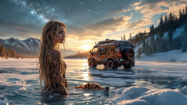 Adventurous woman with tattoos enjoying a bath in a frozen lake with her dog, next to her camper van, during a beautiful sunset in a snowy mountain landscape. Ai generated