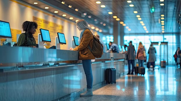 A busy and bustling airport checkin area filled with travelers skillfully using kiosks for efficient ticketing