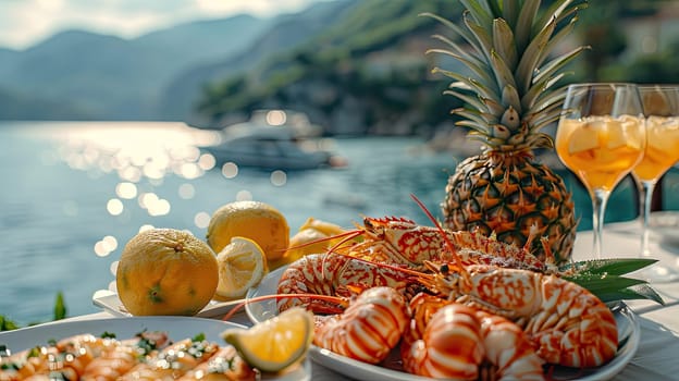 Enjoy a vibrant seafood platter with refreshing cocktails, juicy lemons, and a tropical vibe by the serene water