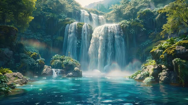 A stunning waterfall cascades into a serene blue pool, surrounded by vibrant greenery, ideal for nature lovers