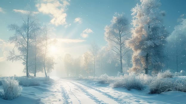 A tranquil and beautiful winter scene, featuring sunlit snowcovered trees alongside a peaceful walking path