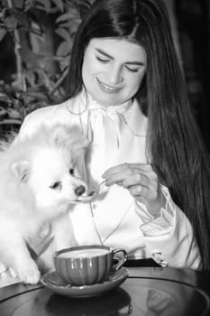 A girl holds a white fluffy dog ​​in her arms, Black and white photo. The girl is dressed in a white suit, she has long hair, she loves her dog, a Spitz. The dog is white and fluffy