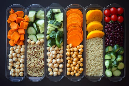 Colorful ingredients are arranged in containers, showcasing a balanced selection for meal prep, emphasizing healthy eating habits.