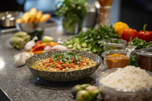 Fresh vegetables and spices are arranged on a kitchen countertop, highlighting various diet options like vegetarian, vegan, and keto.