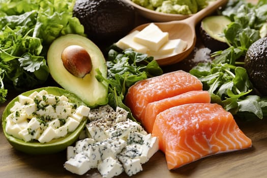 Fresh salmon fillets, creamy avocado halves, and vibrant greens arranged on a rustic wooden surface alongside herbs and cheese.
