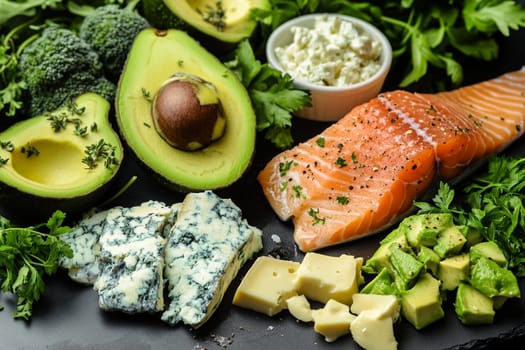 A colorful arrangement of fresh ingredients showcases salmon, avocados, and assorted cheeses, highlighting healthy diet options.