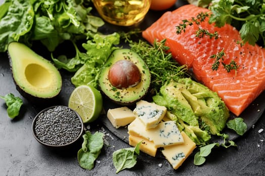 Colorful assortment of fresh greens, avocado, salmon, and cheese arranged on a dark stone surface to showcase healthy dietary options.