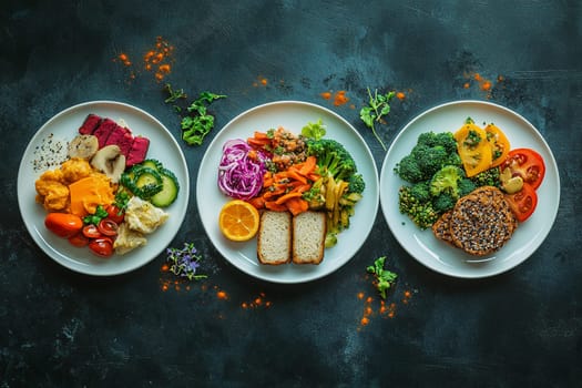 Three distinct plates feature vibrant plant-based meals highlighting vegetarian, vegan, and keto diets with fresh ingredients.