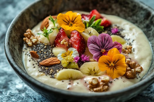 A vibrant smoothie bowl features sliced bananas, strawberries, nuts, chia seeds, and edible flowers, beautifully arranged in a ceramic bowl.