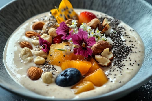 Smoothie bowl features a creamy base topped with fresh fruits, nuts, and vibrant edible flowers, perfect for a nutritious meal.