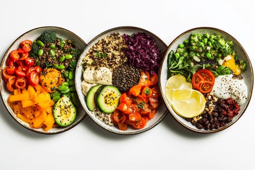 Three round plates display a vibrant assortment of vegetarian, vegan, and keto dishes, showcasing fresh vegetables and grains.