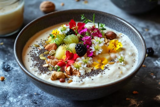 A vibrant smoothie bowl filled with fresh fruits, nuts, and edible flowers, displayed in a stylish bowl on a rustic kitchen table.