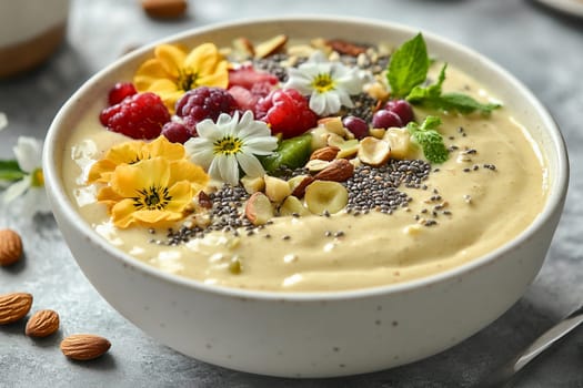Smoothie bowl features a creamy blend topped with berries, nuts, seeds, and vibrant edible flowers, showcasing a healthy breakfast option.