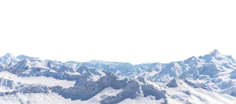 Panorama of winter mountains covered in snow isolated on white background. Mountain peaks in winter