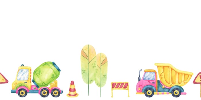 Cement mixers, traffic cones, and dump trucks. Seamless border construction site, toys watercolor clipart. Versatile illustration for scrapbook layouts, children's educational tools, or craft papers