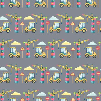 Construction-themed watercolor seamless pattern featuring forklifts, warning signs, and cranes on a gray background. Suitable for backpacks, pencil pouches, and kids t-shirts