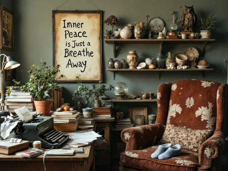 Vintage, cozy writer's room featuring an inspirational poster for inner peace, shelves of curiosities, an antique typewriter, and a comfortable armchair with slippers. Ai generated