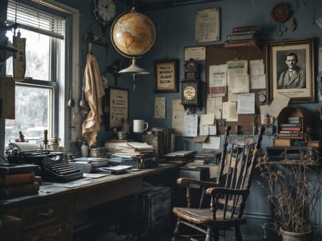 Vintage writer's room with antique typewriter, globe, and memorabilia pinned to a corkboard evoking a nostalgic atmosphere. Ai generated