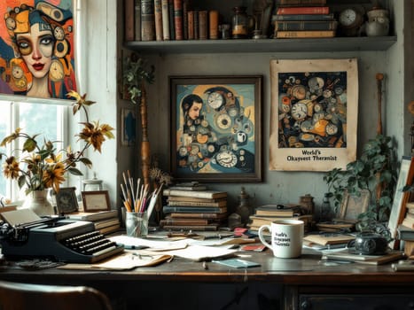 Vintage artistic workspace featuring a typewriter, clock-themed artwork, and a humorous World's Okayest Therapist poster, creating a quirky atmosphere. Ai generated