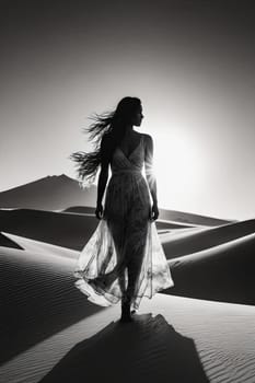 Mesmerizing image of woman in flowing gown, set against radiant moon. Soft winds create magical effect, highlighting her silhouette and evoking emotions of freedom and tranquility