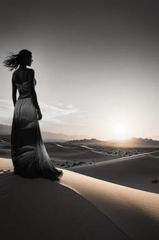 Elegant silhouette of woman in flowing dress stands against dramatic moonlit sky. Ethereal windswept hair and soft light create enchanting atmosphere, evoking feelings of mystery and beauty