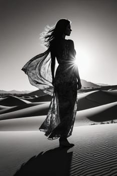 Enigmatic silhouette of woman against moonlit backdrop. Flowing gown and windswept hair create a captivating scene, inviting viewers to explore themes of beauty and mystery in nature