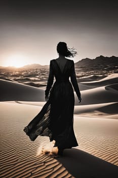 Alluring image of woman in flowing dress, framed by luminous moon. Her silhouette contrasts against dark sky, evoking feelings of wonder, freedom, and the allure of the night