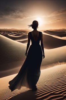 Striking silhouette of woman in flowing gown, set against dramatic moonlit sky. Wind tousles her hair, enhancing the ethereal quality of the moment in a vast, serene landscape