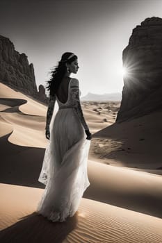 Enchanting portrayal of woman in silhouette, surrounded by moonlit dunes. Flowing hair and dress create a captivating image, symbolizing beauty, grace, and the magic of the night