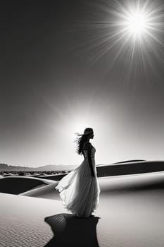 Striking profile of woman in black dress, illuminated by moonlight. Wind tousles her hair as she gazes toward horizon, capturing elegance and strength against serene desert landscape