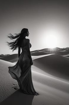 Mesmerizing image of woman in flowing gown, set against radiant moon. Soft winds create magical effect, highlighting her silhouette and evoking emotions of freedom and tranquility