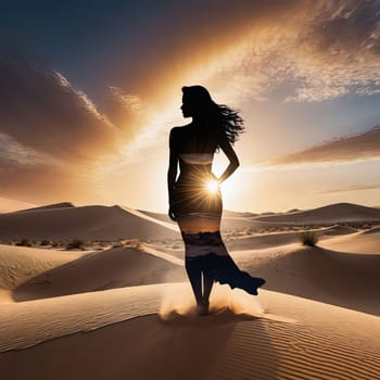Elegant silhouette of woman in flowing dress stands against dramatic moonlit sky. Ethereal windswept hair and soft light create enchanting atmosphere, evoking feelings of mystery and beauty