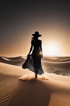 Alluring image of woman in flowing dress, framed by luminous moon. Her silhouette contrasts against dark sky, evoking feelings of wonder, freedom, and the allure of the night