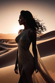 Captivating scene featuring woman in silhouette, surrounded by vast desert under moonlight. Her flowing hair and dress dance in the wind, embodying grace and mystery in enchanting landscape