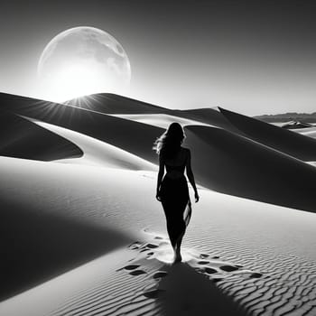 Dreamy scene of woman standing in desert under moonlight. Her elegant silhouette and flowing dress create a sense of peace and enchantment, evoking a spirit of adventure and exploration