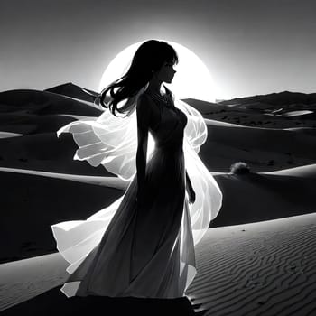 Serene silhouette of woman in desert, illuminated by soft moonlight. Flowing hair and dress convey a sense of movement and grace, inviting contemplation of beauty and nature