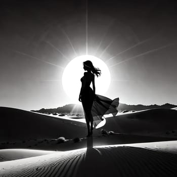 Dreamy scene of woman standing in desert under moonlight. Her elegant silhouette and flowing dress create a sense of peace and enchantment, evoking a spirit of adventure and exploration